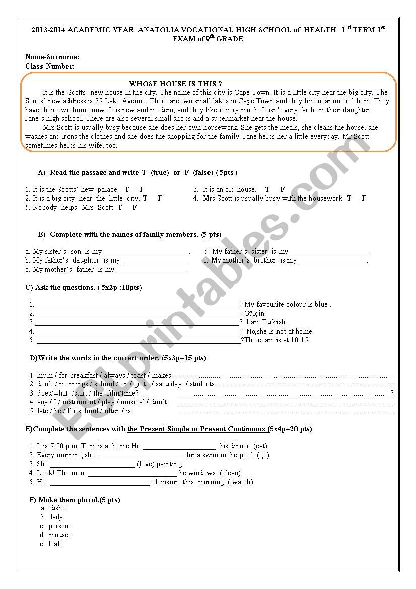 revision and exam:tenses,family,asking question