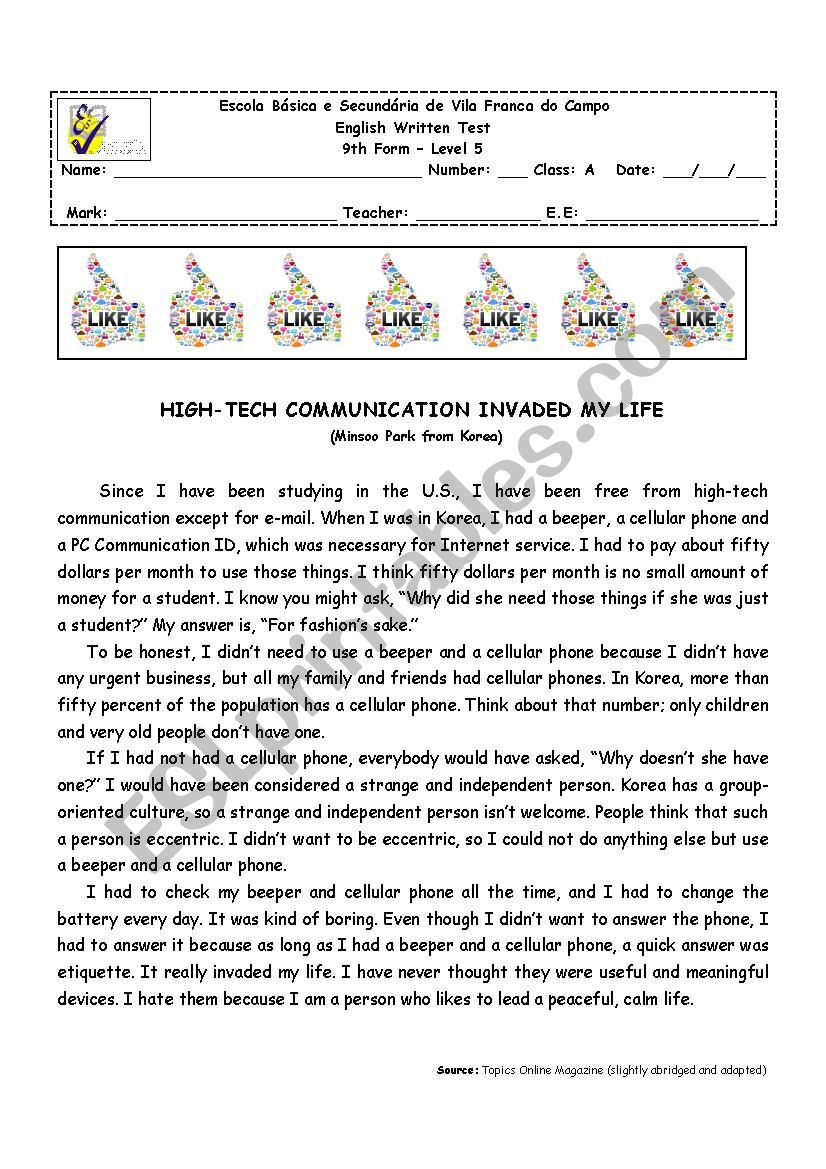 9th form test worksheet