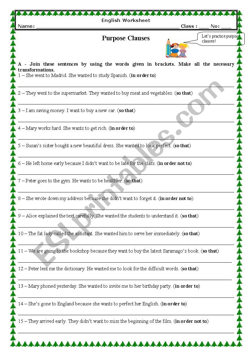 Purpose Clauses (With Key) worksheet