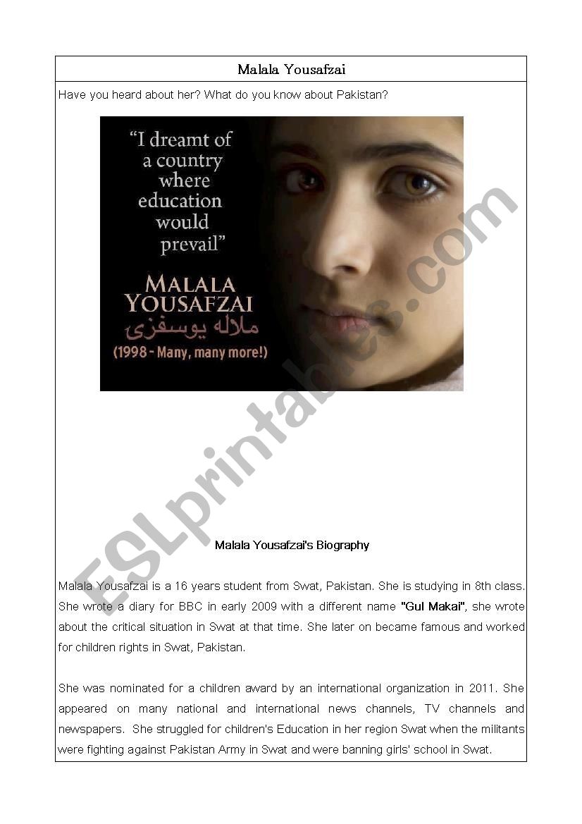 MalalaÂ´s Video worksheet