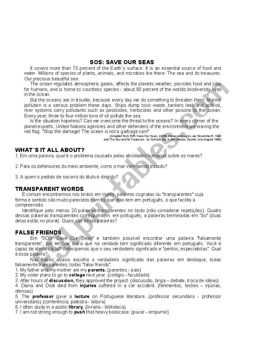 SOS - SAVE OUR SEAS worksheet