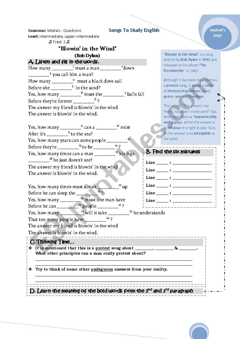 Bob Dylan - Blowin in the wind - Song Worksheet 