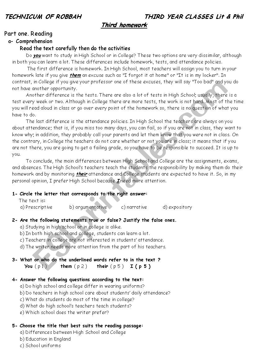 reading comprehension worksheet