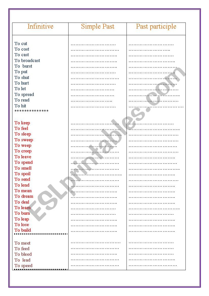irregular verbs worksheet