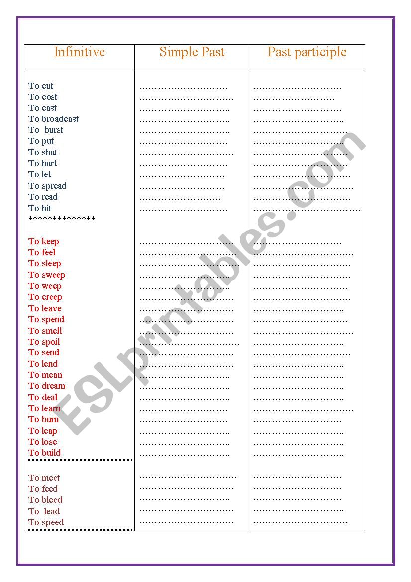 irregular verbs worksheet