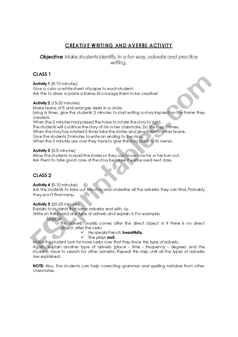 Creative Writing and Adverbs worksheet