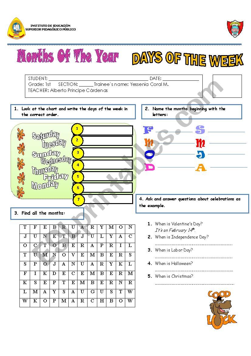MONTH AND DAY worksheet
