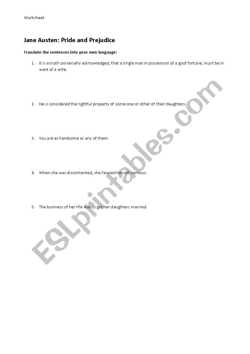 Pride and Prejudice chapter one worksheet