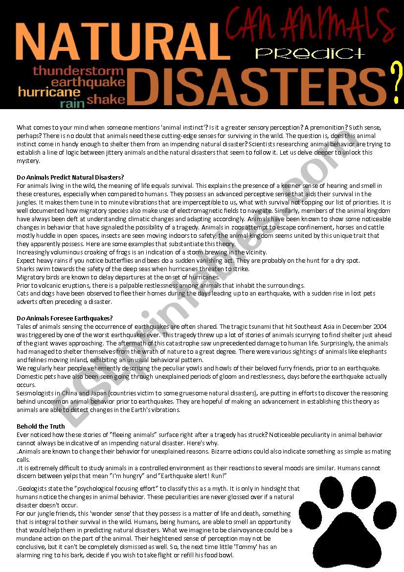 Can animals predict natural disasters? (reading test,4 pages with answer key)