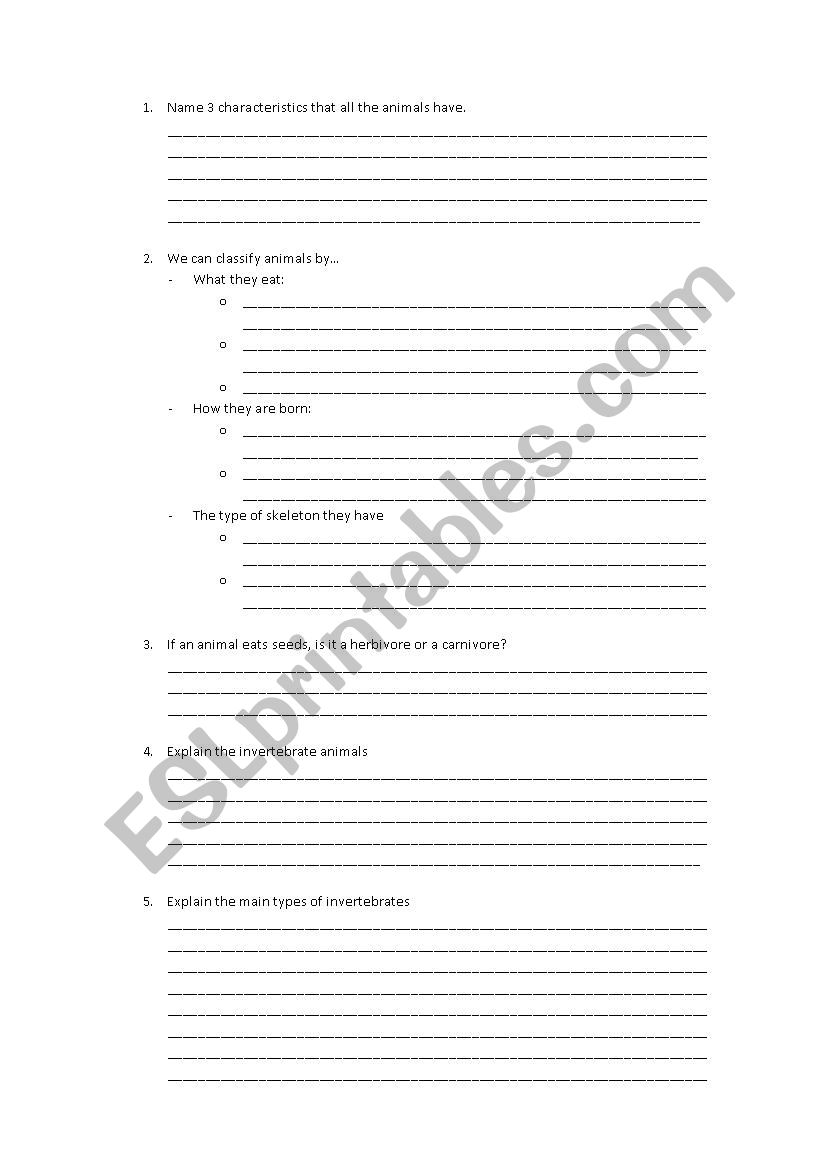 animals classification worksheet