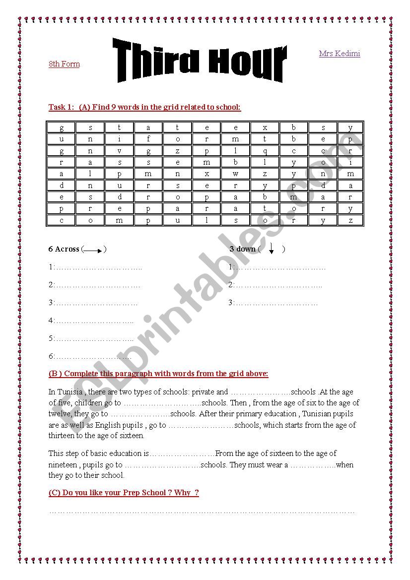 Third hour activities  worksheet