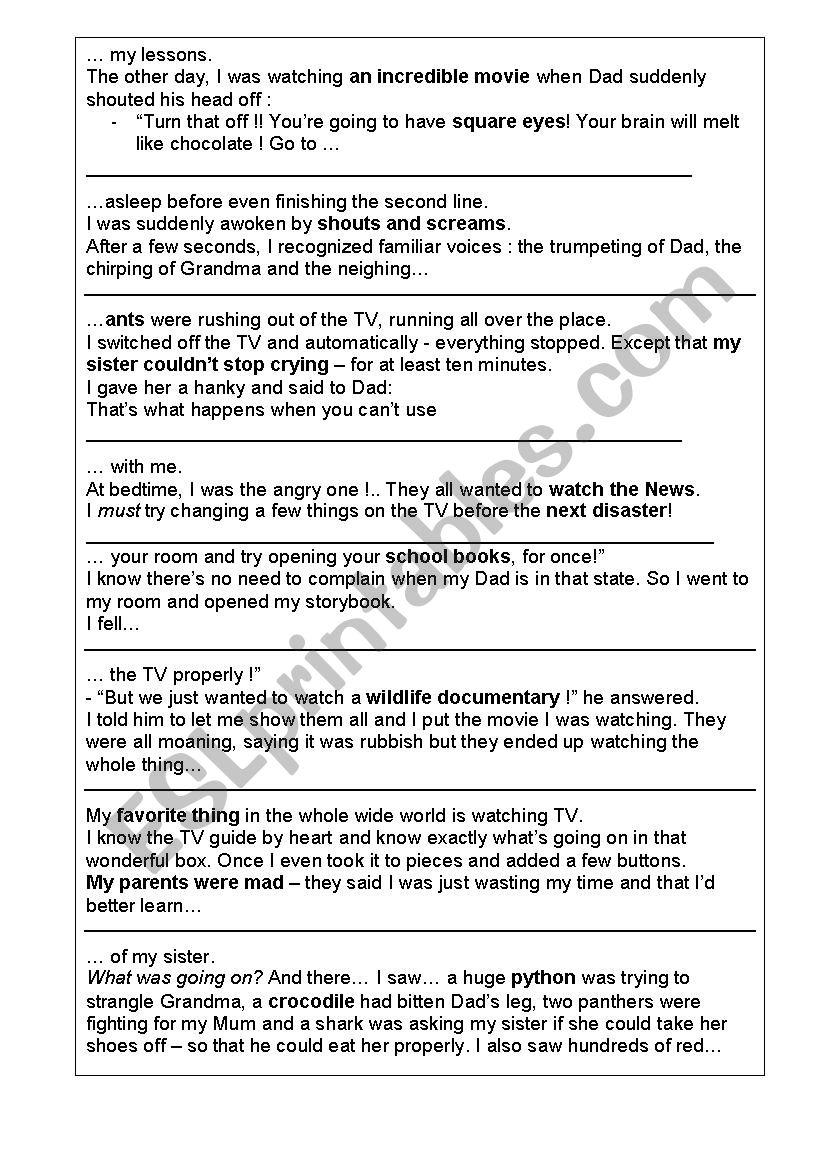 Wild TV - Order the story worksheet