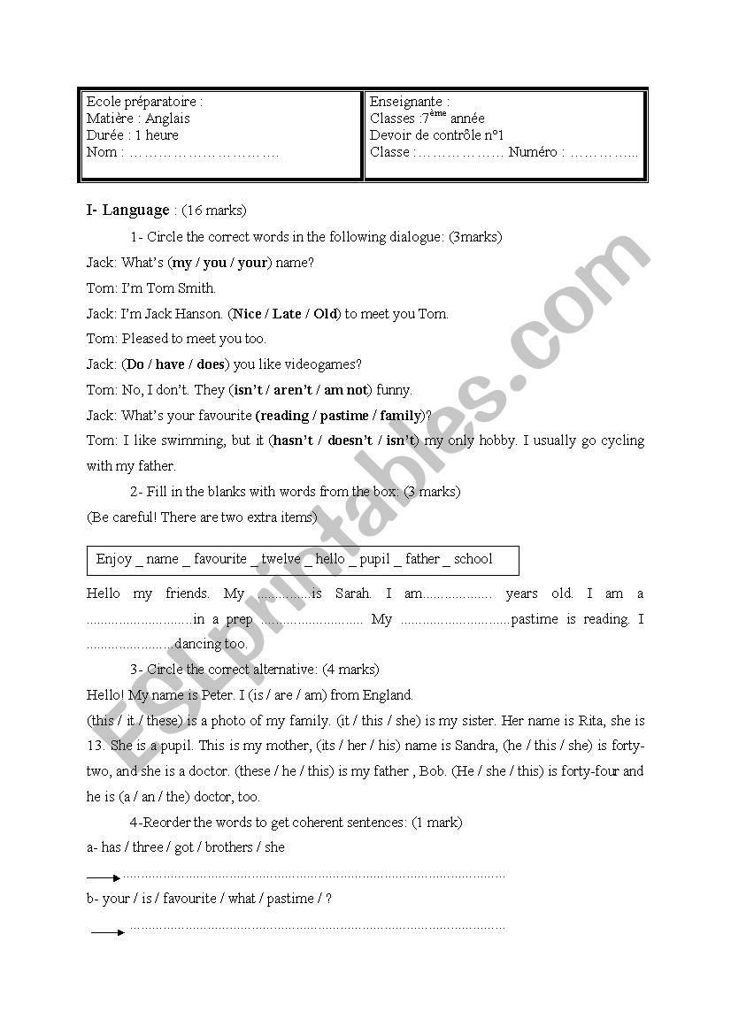 mid- term test n1 worksheet