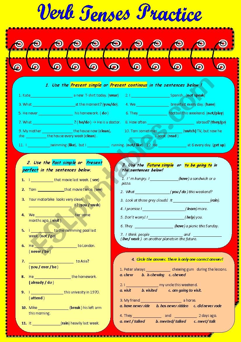 Verb tenses practice - present simple present continous,  past simple past continous, present perfect, future simple, to be going to 