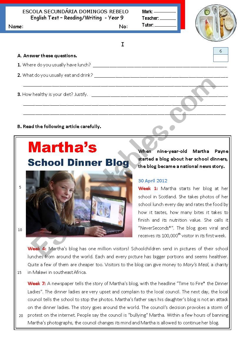 School dinners - Marthas school dinner blog: reading/writing test