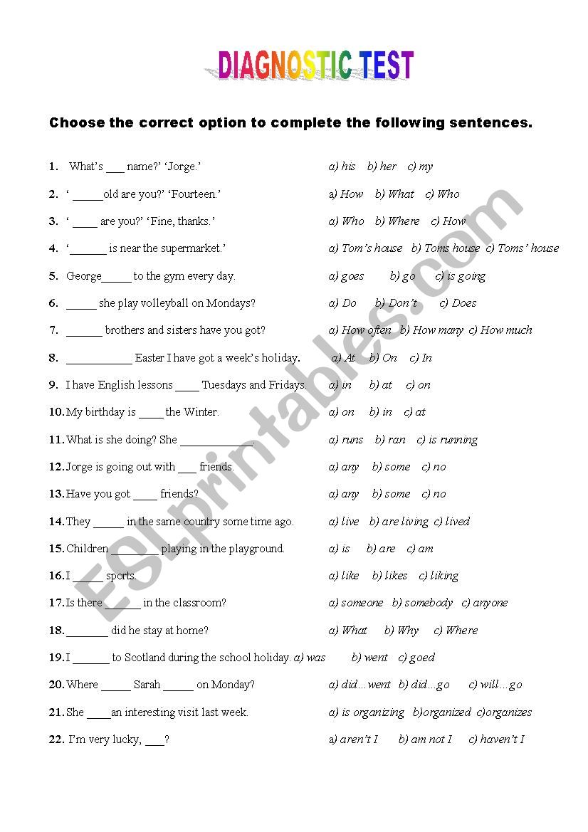 Diagnostic test worksheet