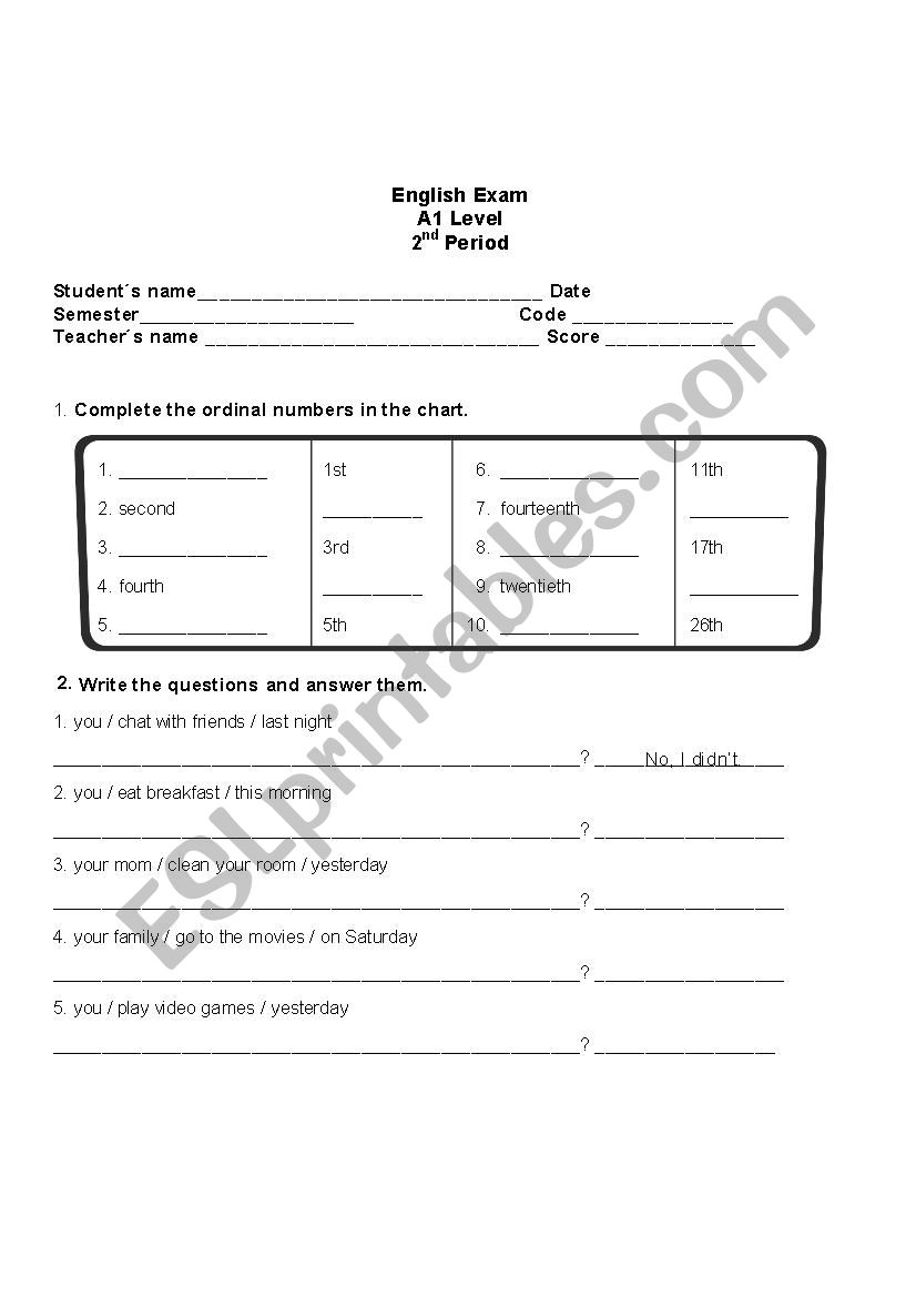 exam of basic level worksheet