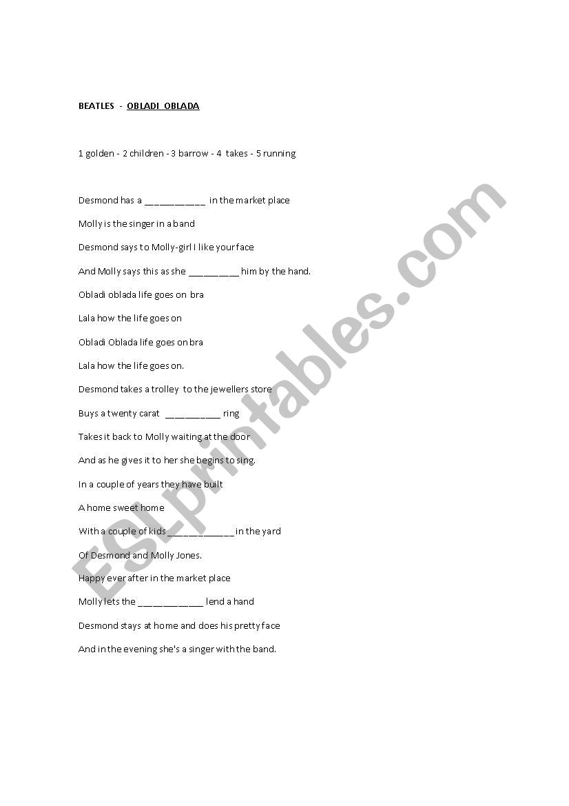 OBLADI  OBLADA - THE BEATLES worksheet