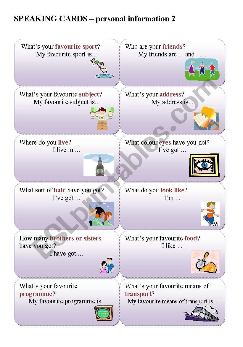 SPEAKING CARDS - personal questions 2