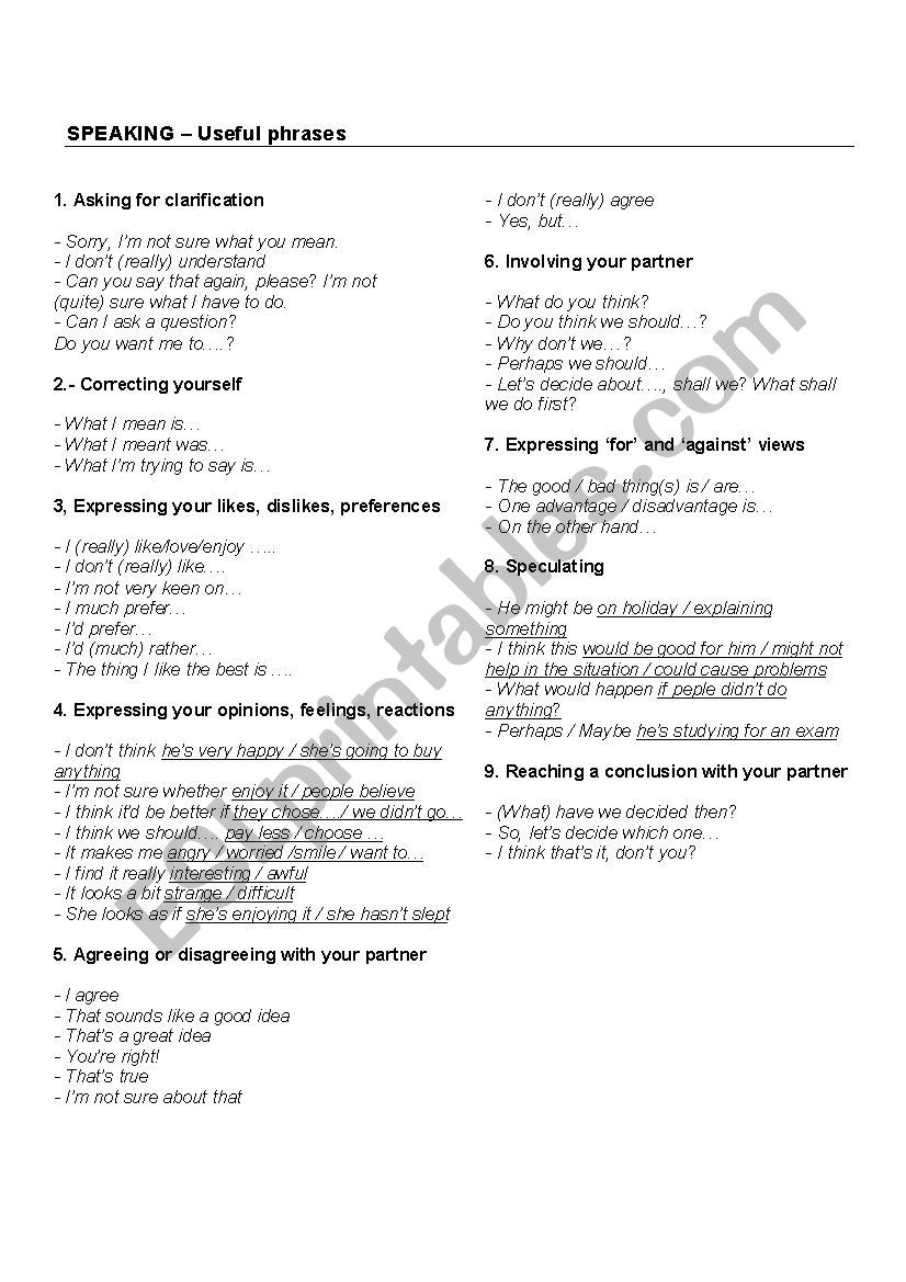 Useful phrases. Speaking worksheet