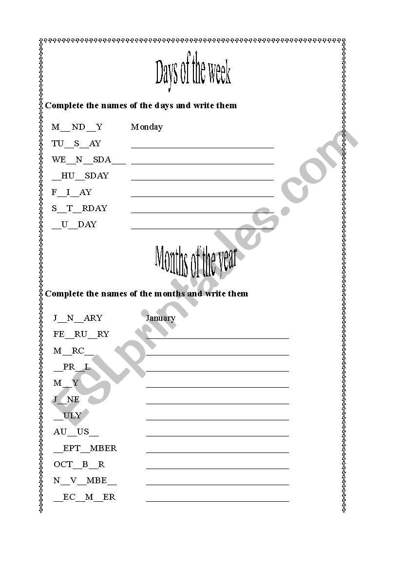 Days and months worksheet