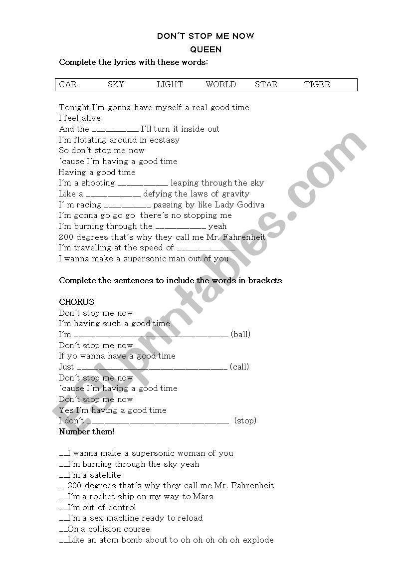 Dont Stop me Now- Queen worksheet