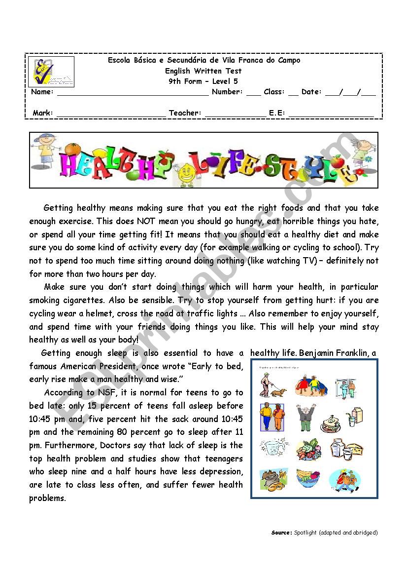 9th form test worksheet