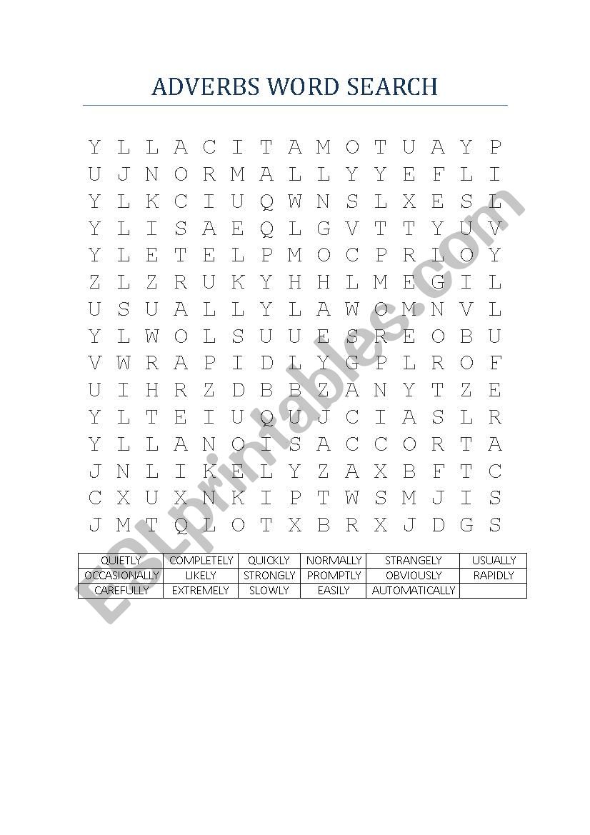 Adverbs Word Search worksheet