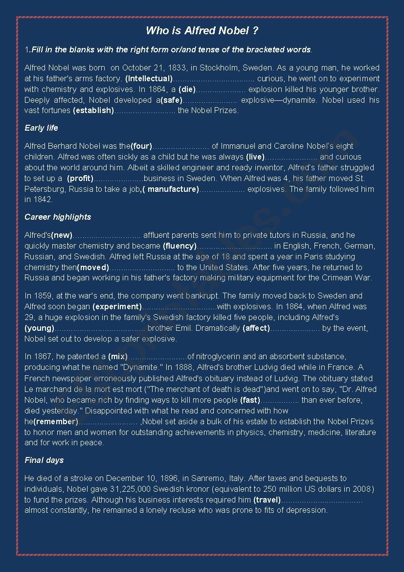 Alfred Nobel worksheet