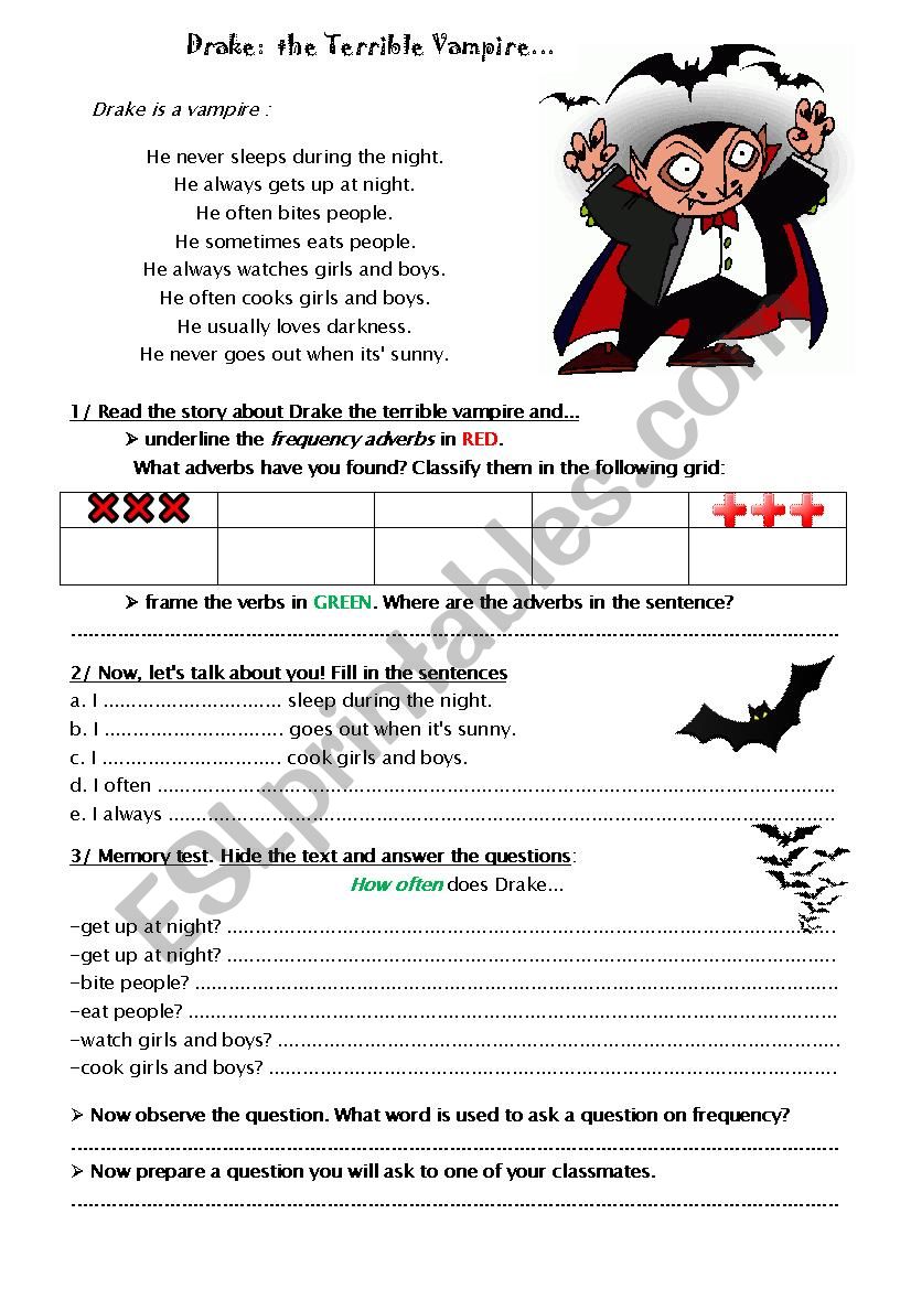 Drake, the terrible vampire worksheet