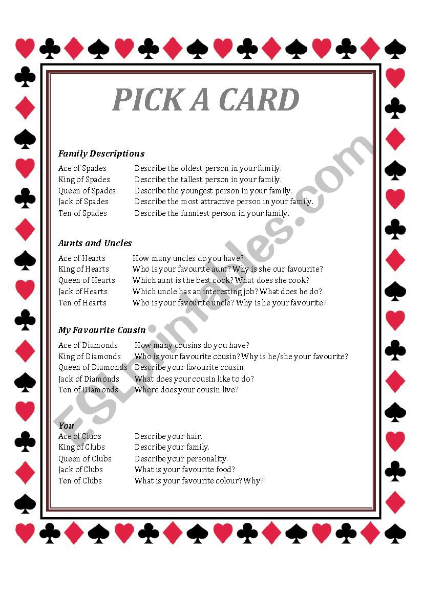 Pick a card worksheet
