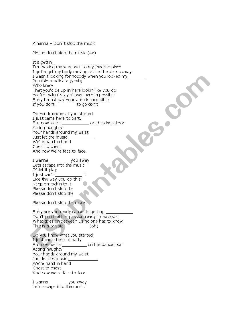English Worksheets Don T Stop The Music Lyrics