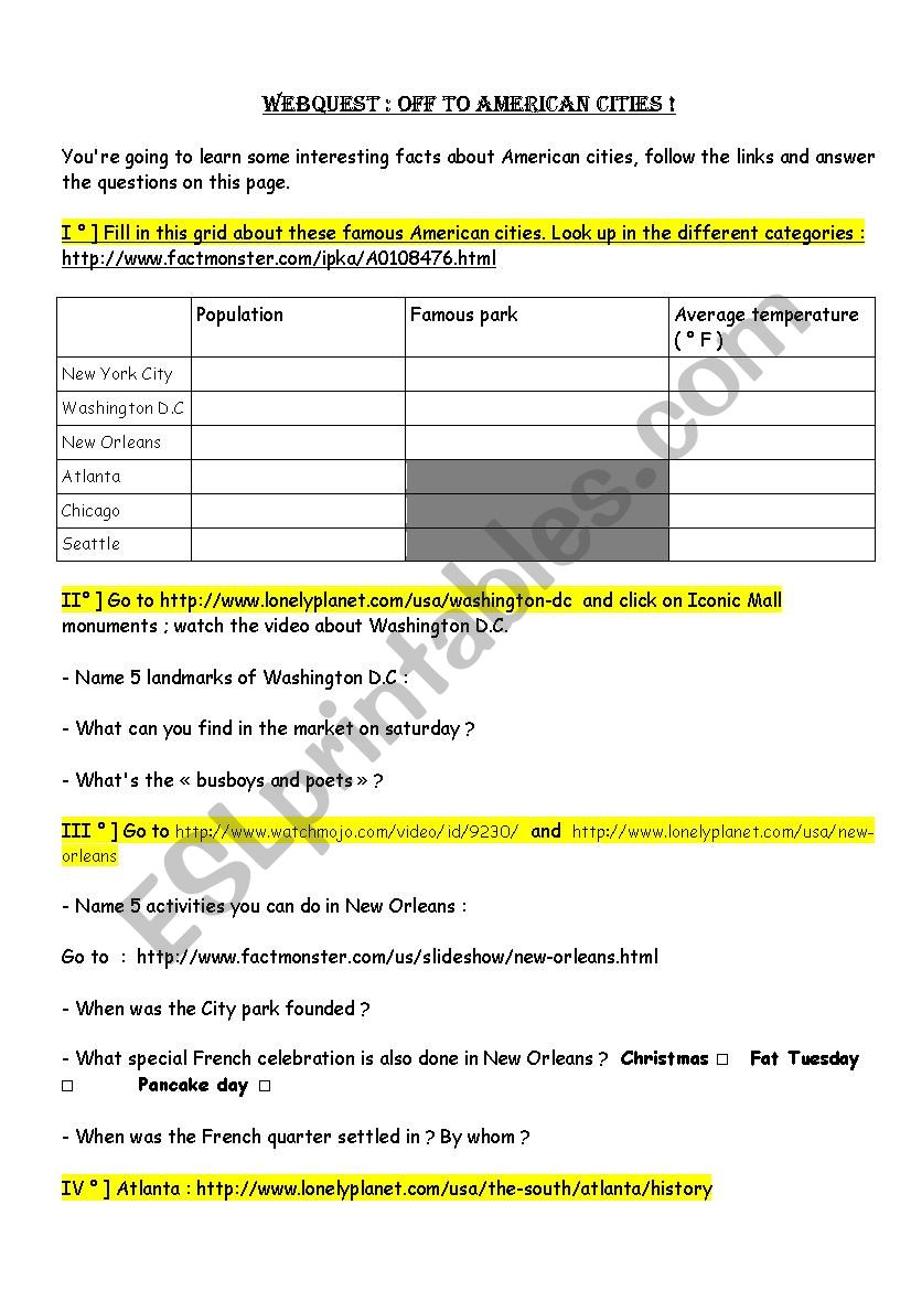 Webquest American cities worksheet