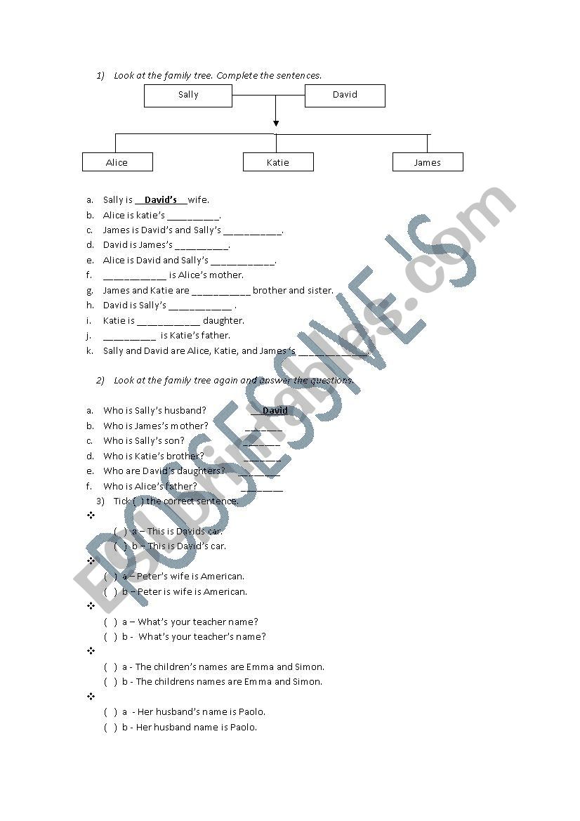 family tree and possessive s worksheet