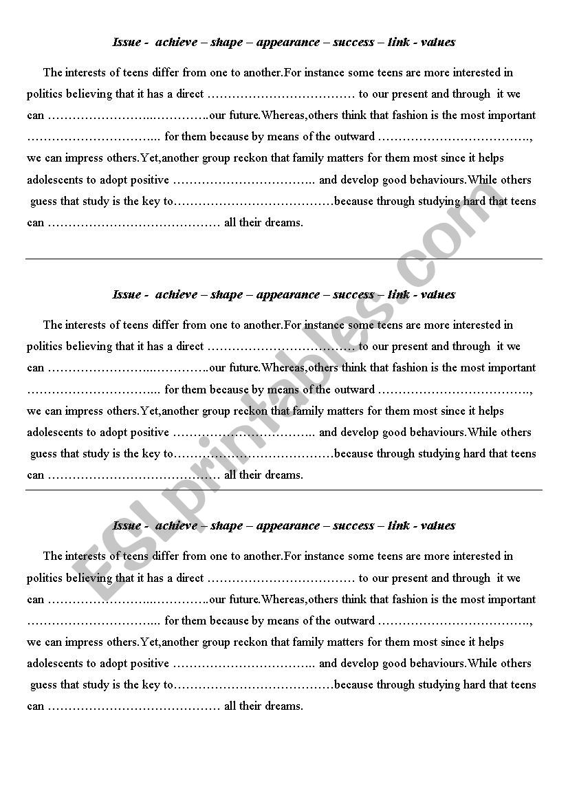the Interests of teens worksheet