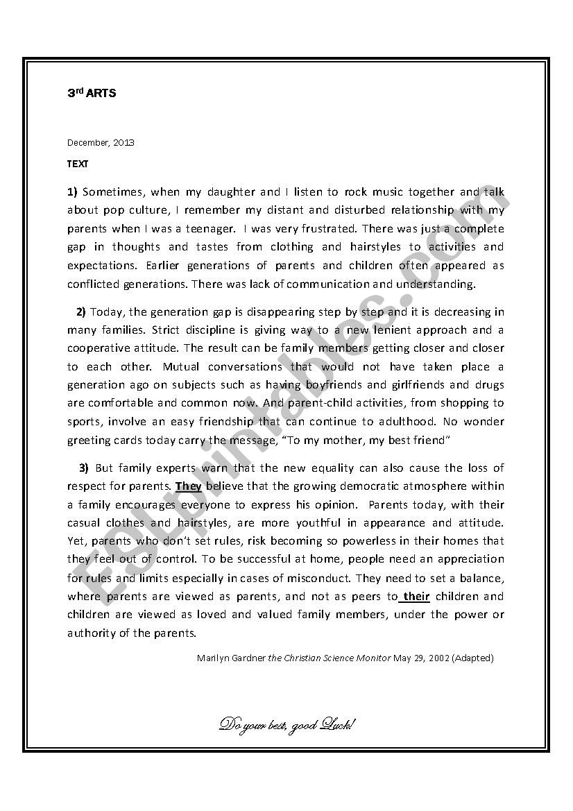End of term test n=1 for 3rd year arts december 2013