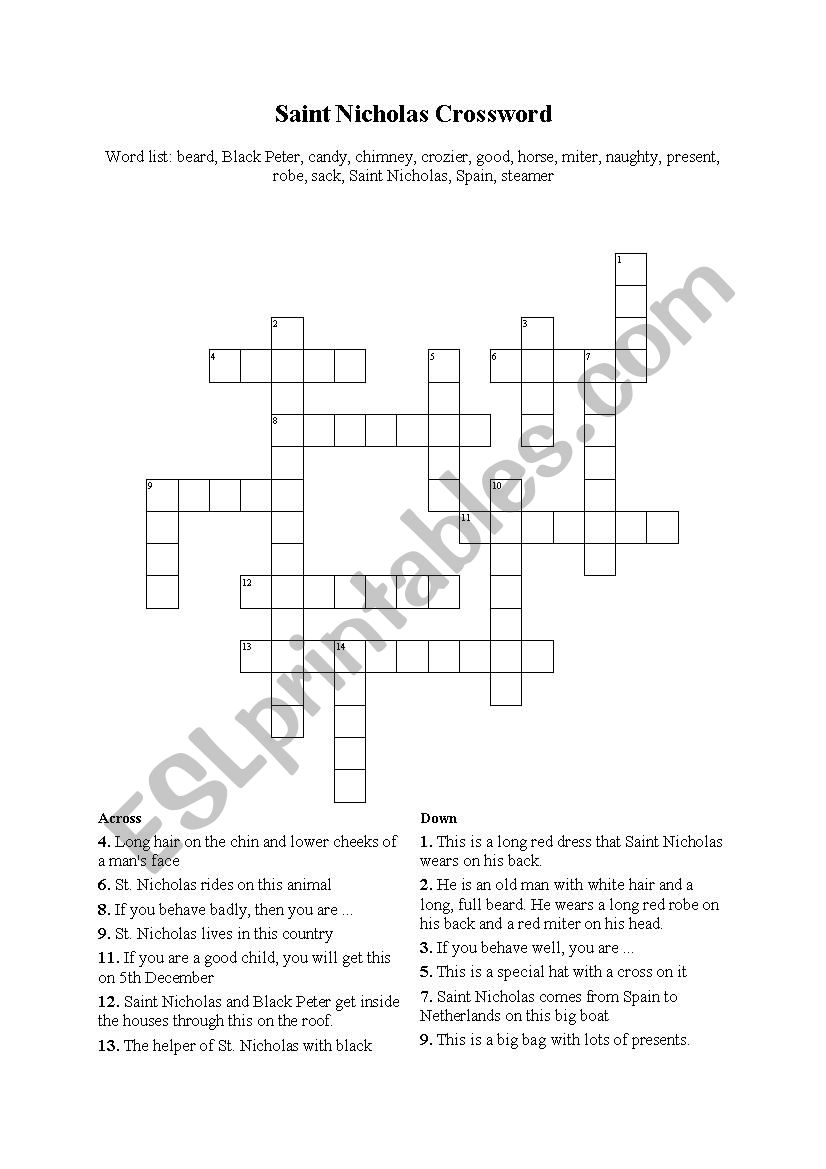Saint Nicholas Crossword worksheet