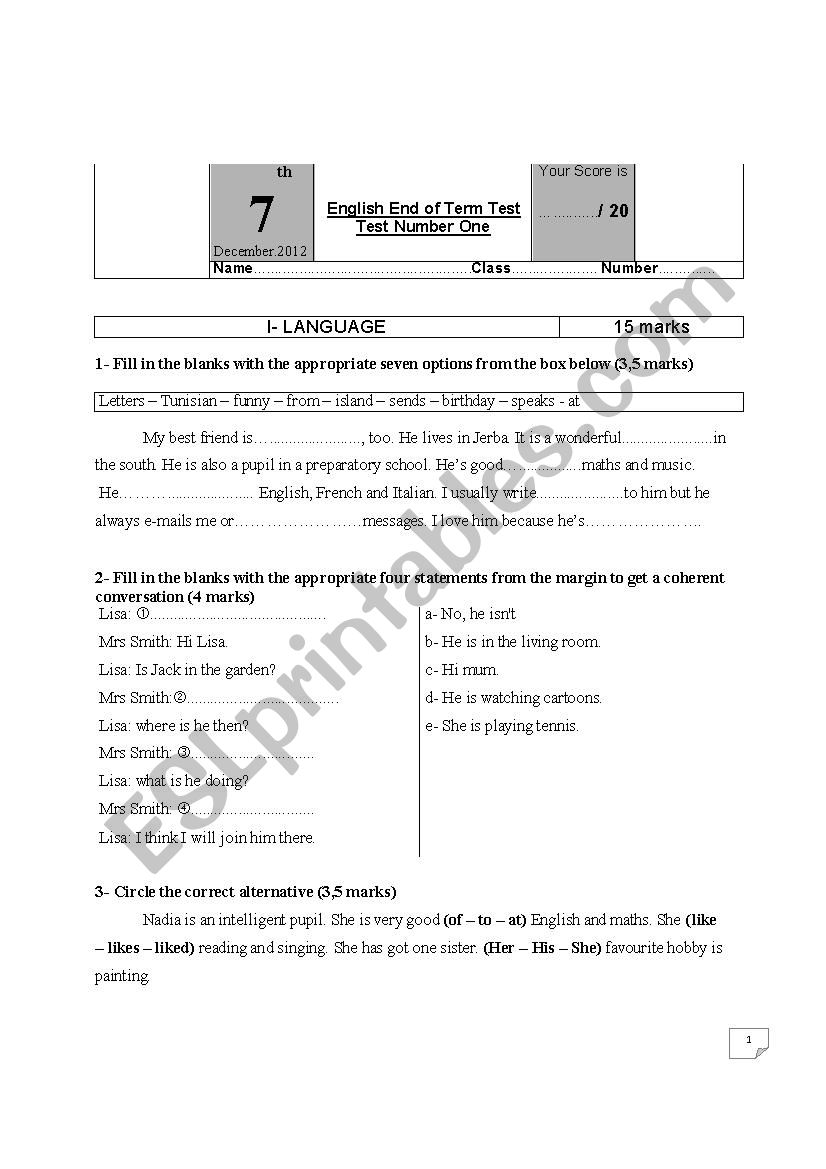 end of term test n1 for 7th  worksheet