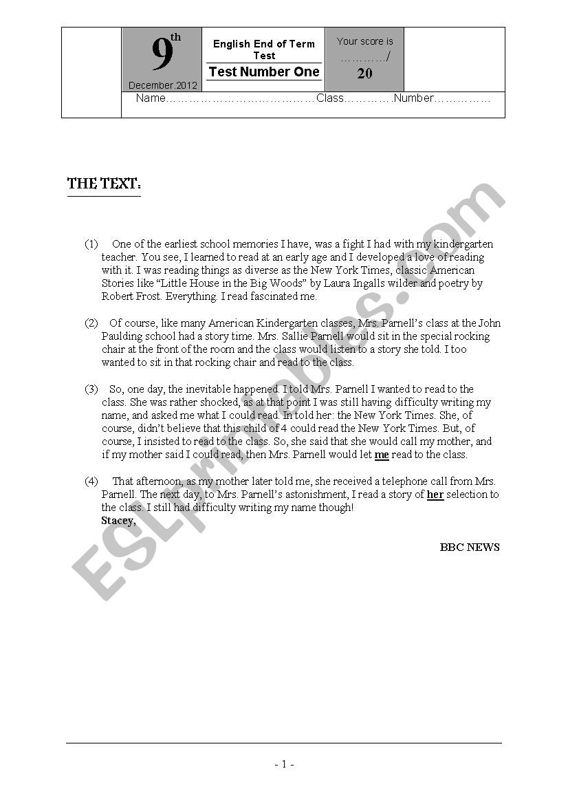 end of term test n1 9th worksheet