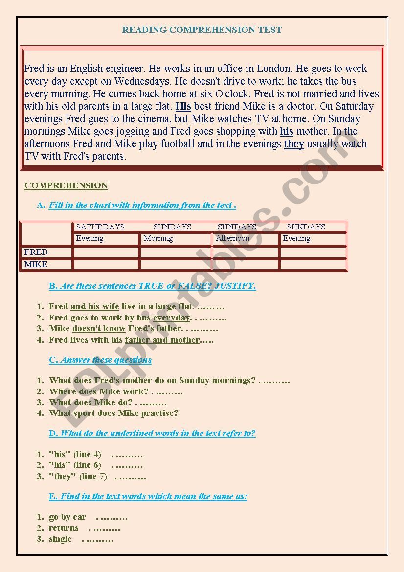 READING COMPREHENSION TEST worksheet