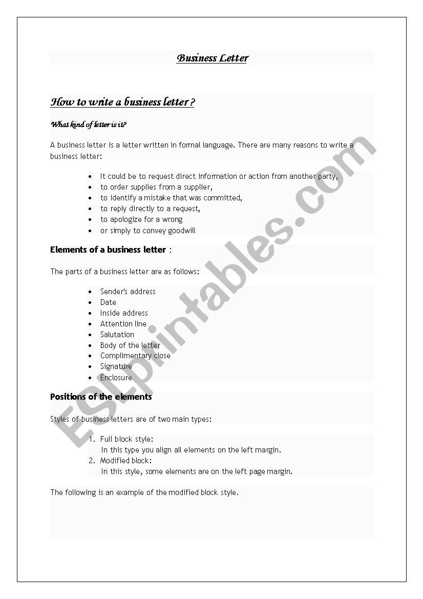 Writing a business letter worksheet