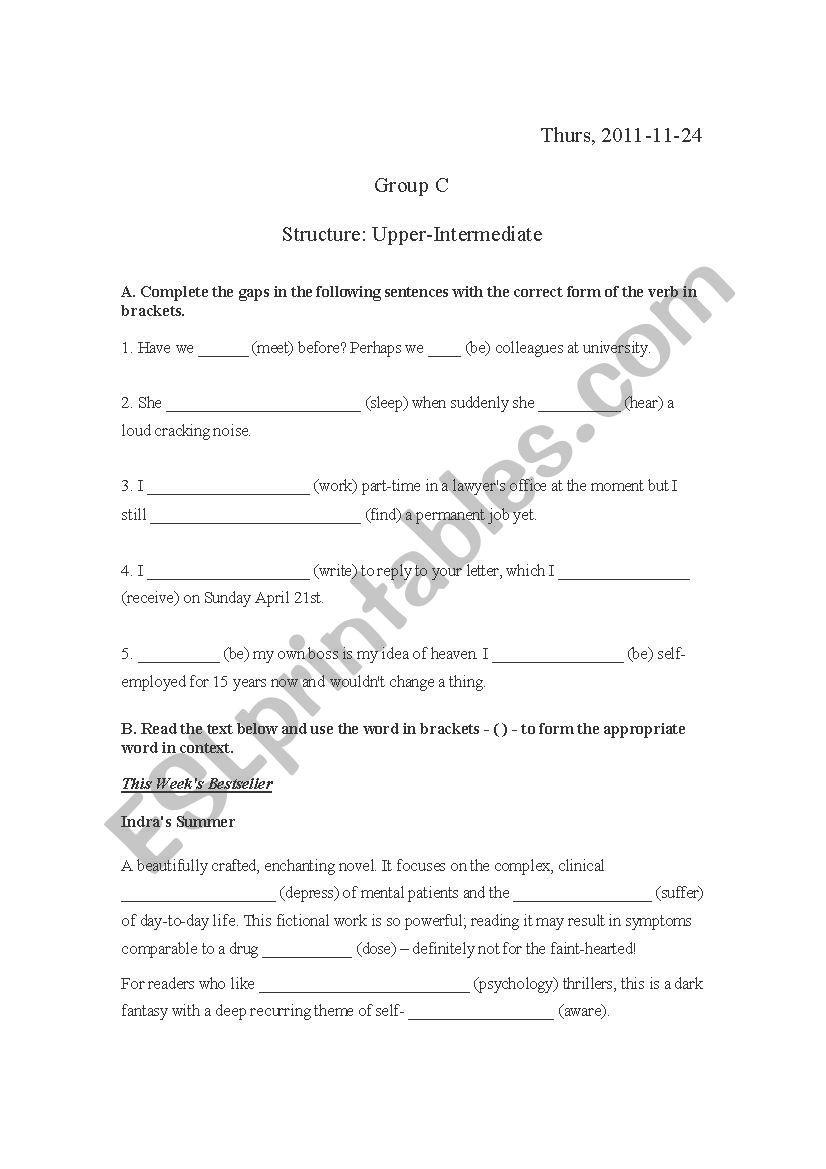 Cutting Edge Upper Intermediate (Modules 1-10) Revision Exercise