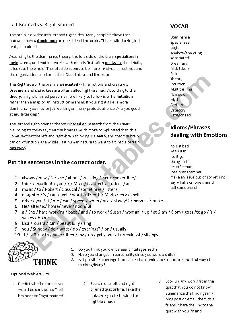 Rt Brain vs Left Brain Intermediate to Advanced