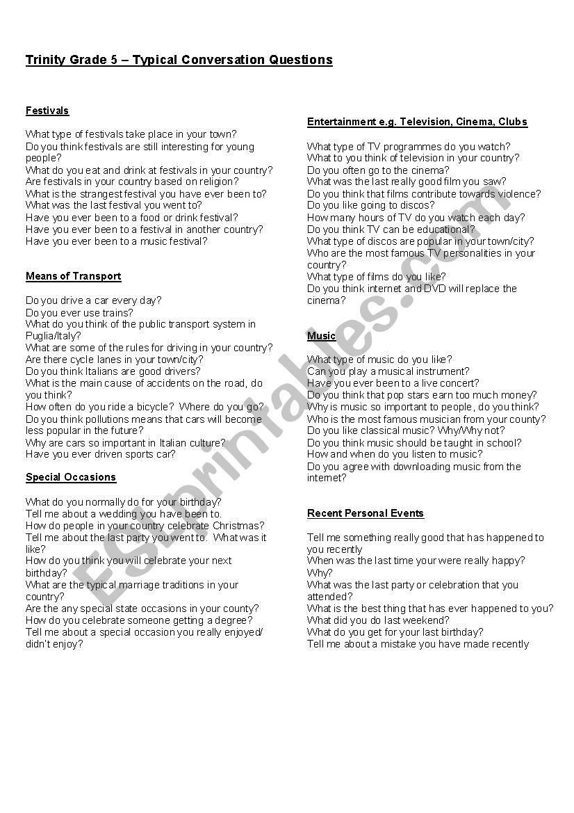 TRINITY GESE GRADE 5 - POSSIBLE CONVERSATION QUESTIONS 