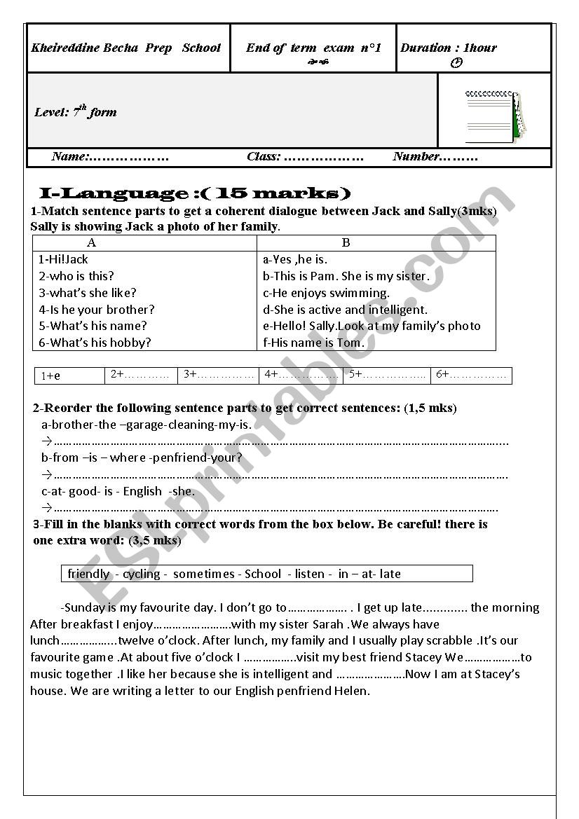 End of term exam n1 for 7th form tunisian pupils