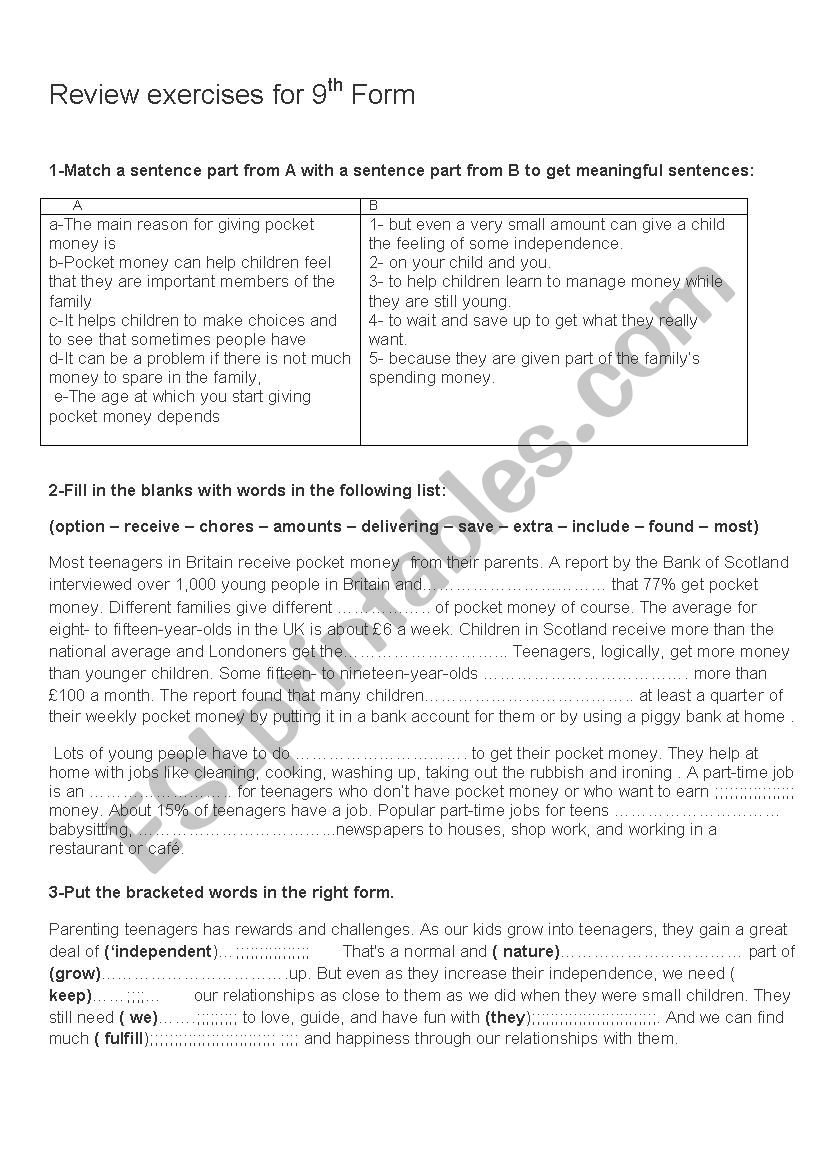 Review exercises for 9th form worksheet