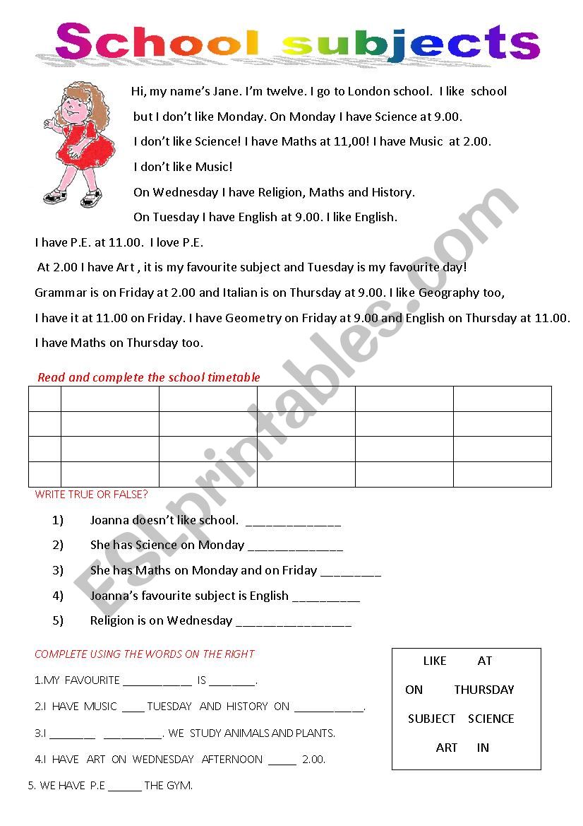 school subjects worksheet