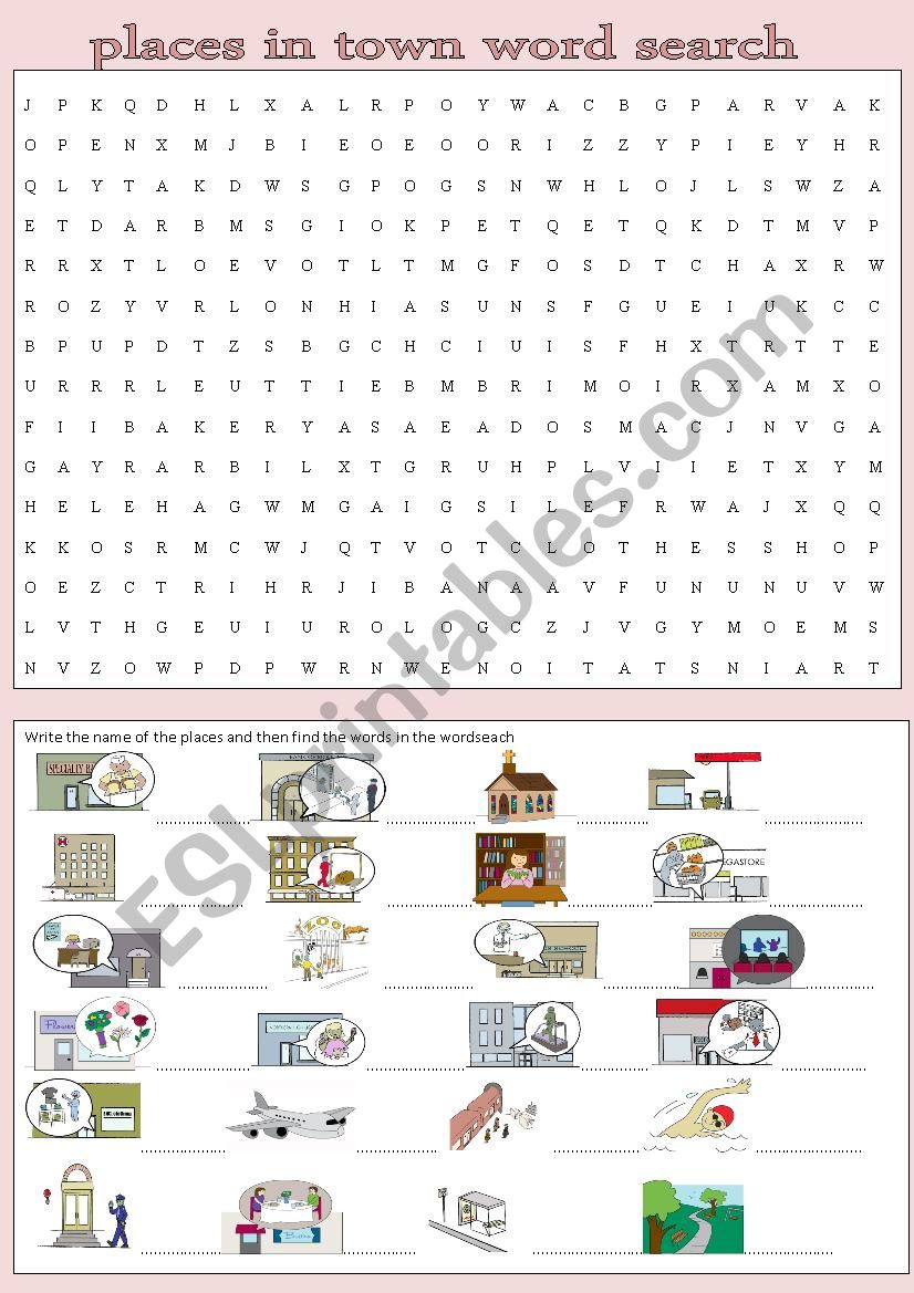 places in town wordsearch worksheet