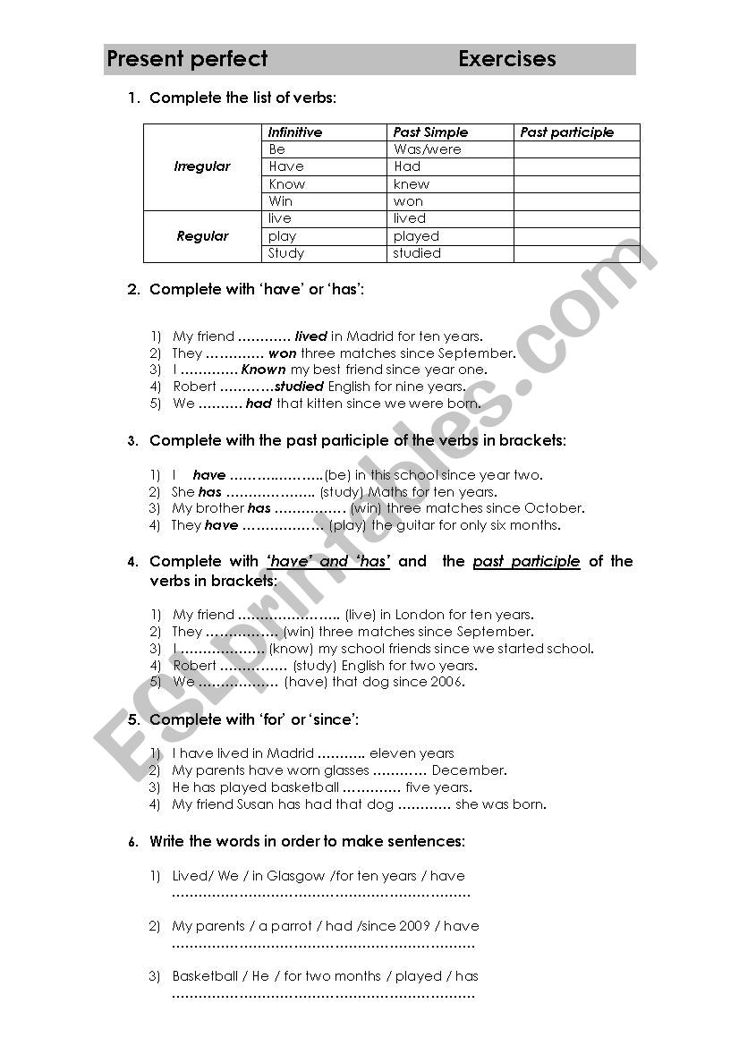 Present perfect Exercises worksheet