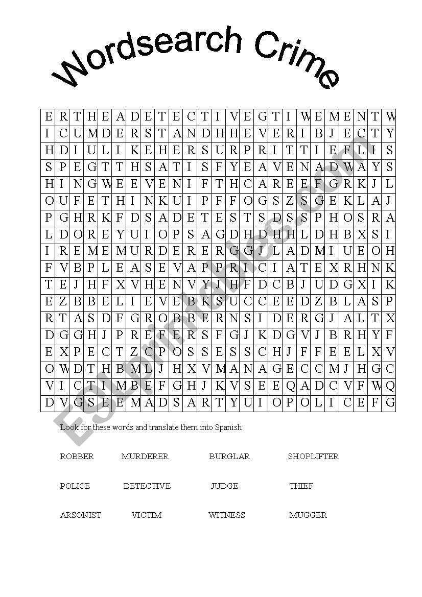 Crime wordsearch worksheet